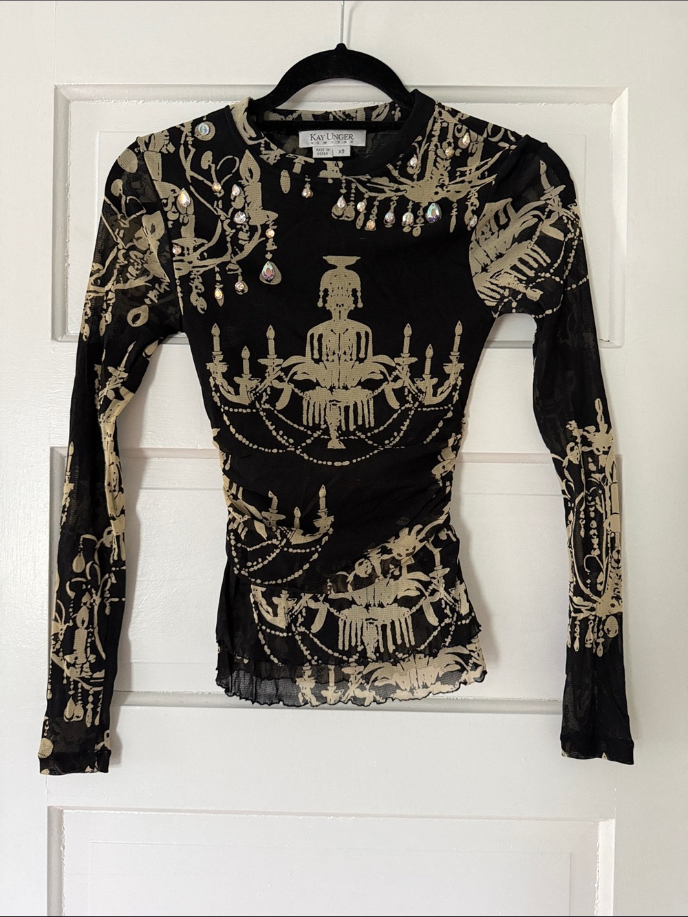Vintage Kay Unger Black and Cream Chandelier Print Long-Sleeve Mesh Top